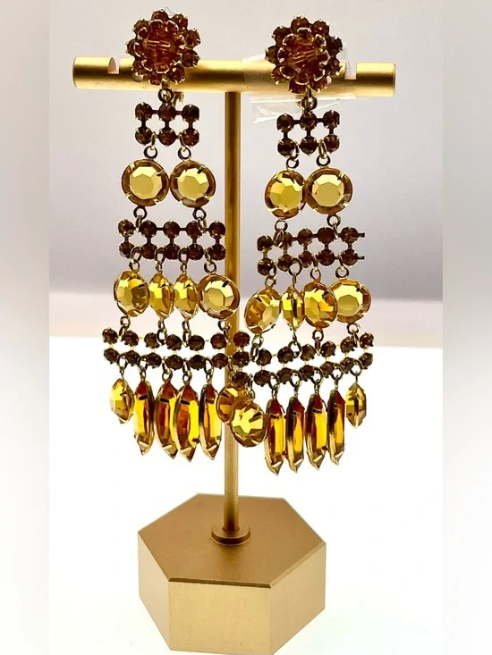 Vintage Amber Rhinestone Chandelier Earrings Gold Tone Statement Clip On - Picture 3 of 6